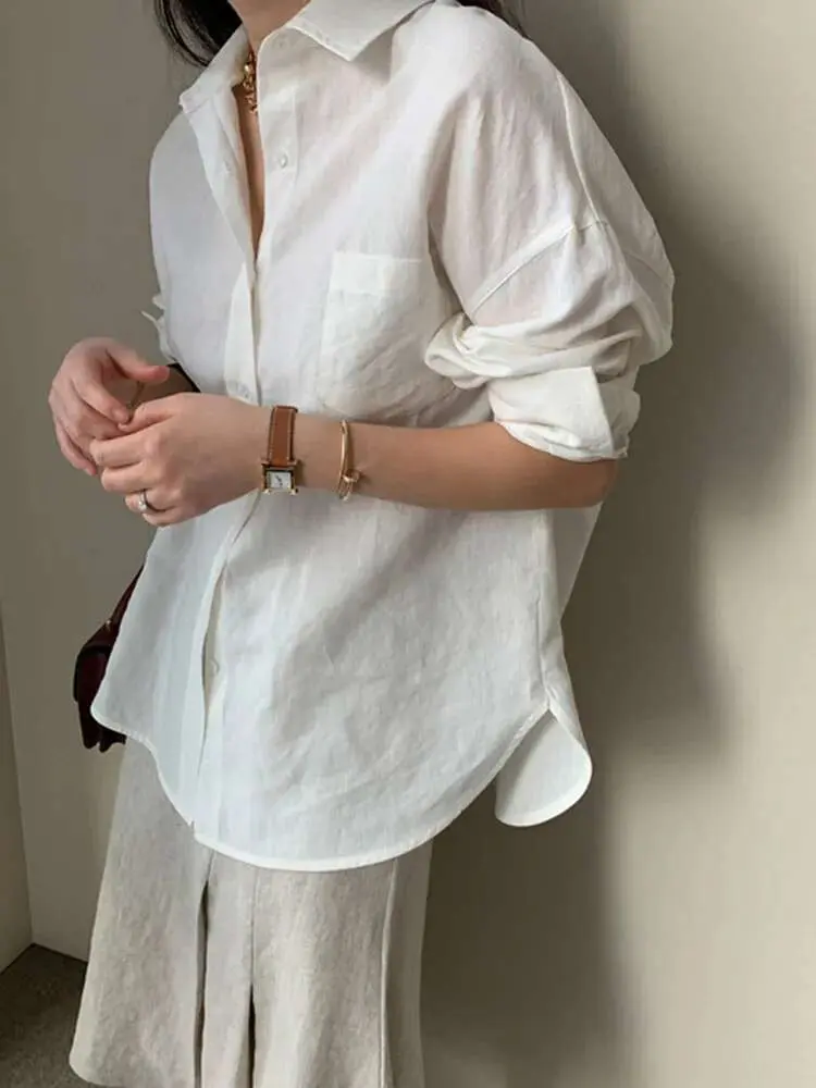LANMREM Women Cotton Linen Shirts Singel Breasted Casual Loose Lapel Long Sleeve Shirt Fashion Spring Summer 2025 2H125