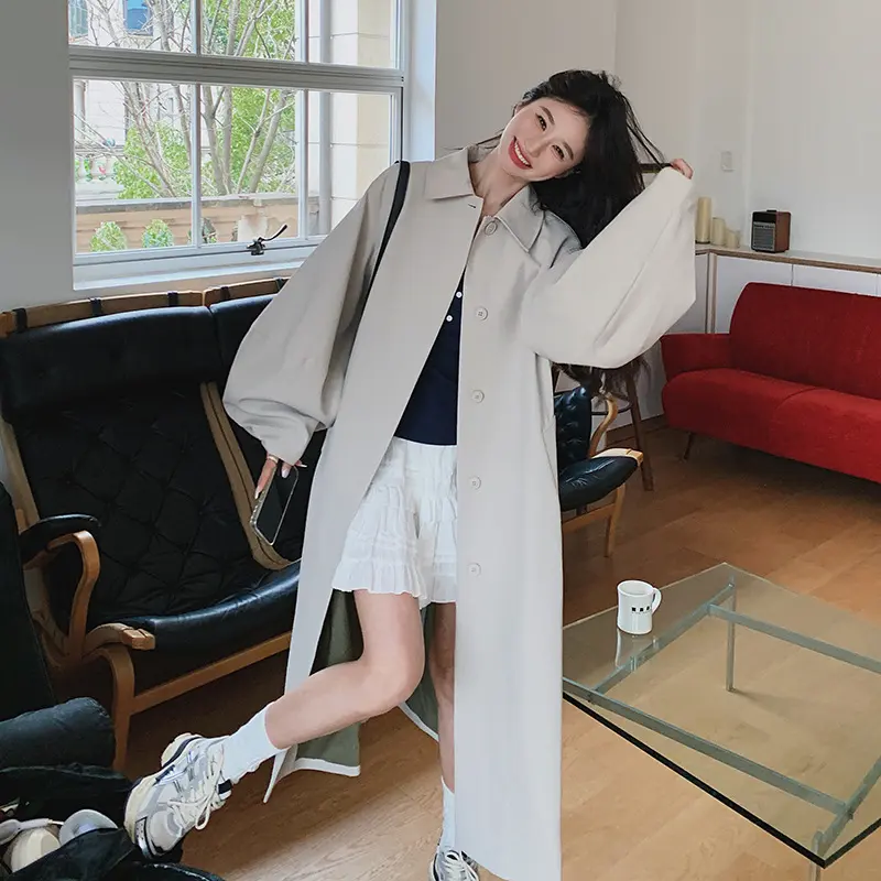 LANMREM Gray White Women's Trench Coat New High-End Design Lantern Sleeves Casual Korean Chic Single Breasted Windbreaker DB3754