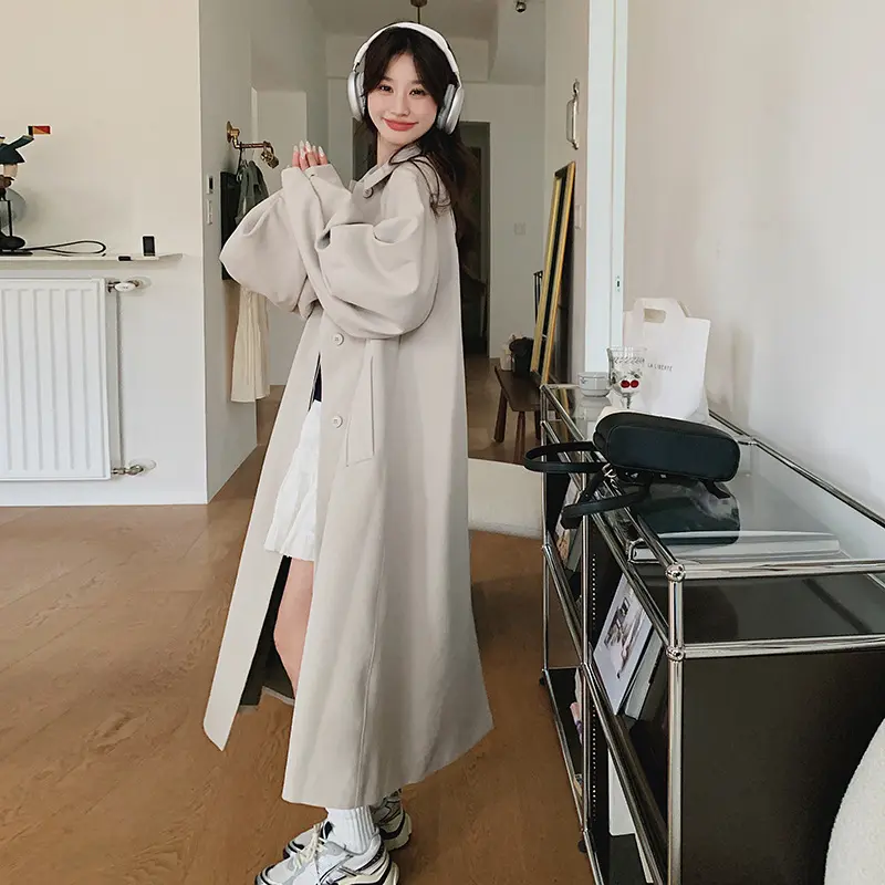 LANMREM Gray White Women's Trench Coat New High-End Design Lantern Sleeves Casual Korean Chic Single Breasted Windbreaker DB3754