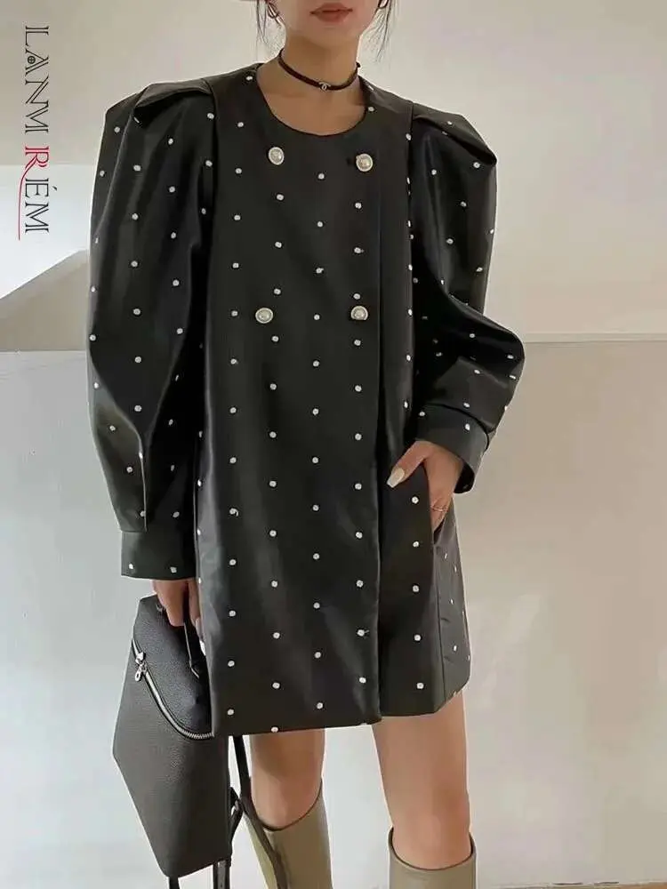 LANMREM Polka Dot Embroidery PU Leather Mini Dress For Women Round Neck Double Breasted Profile Dresses 2025 Chic New 25X2588