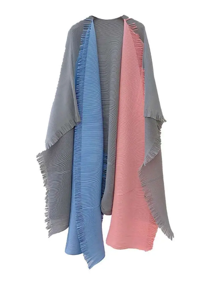 LANMREM Women Robe Color Blocked Fringe Cardigan Pleated Windbreaker Loose Size Female Fashion Clothing 2025 Spring New 2DA8085
