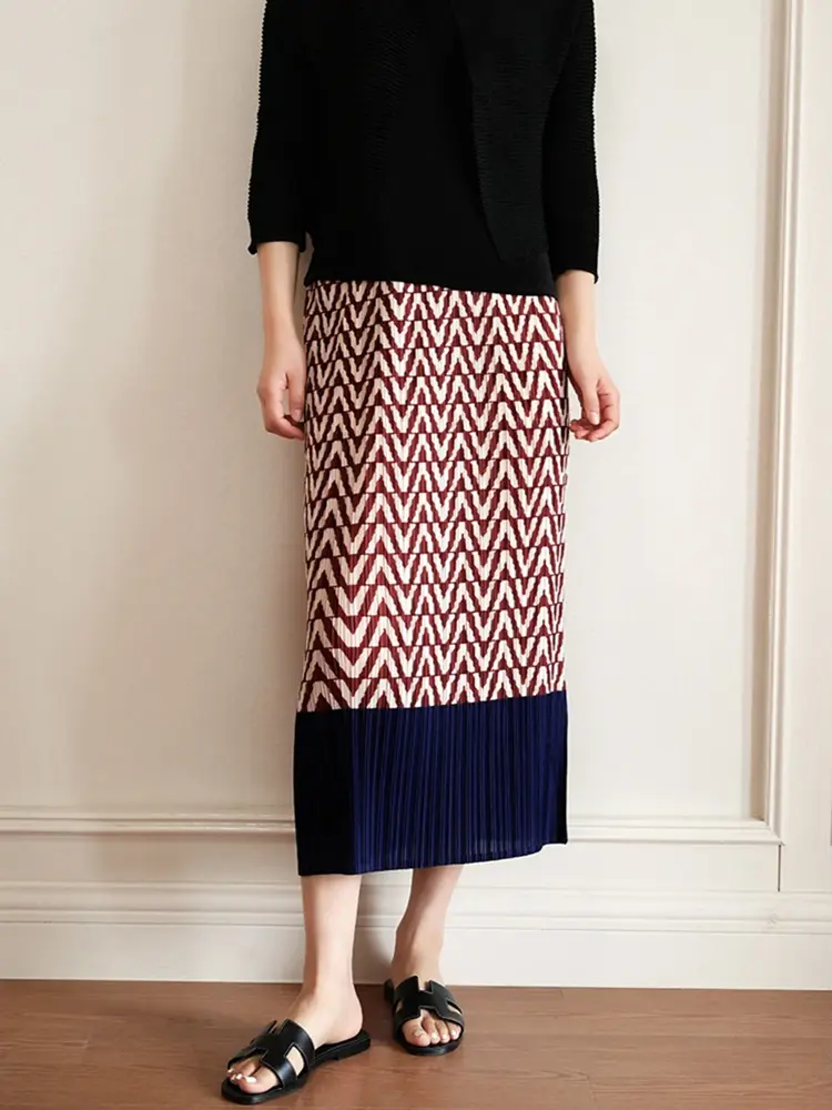 LANMREM Red Geometry Printting Pleated Skirt Women's 2025 New Summer High Elastic Colorblock Skirts With Pockets Chic 2DB3585