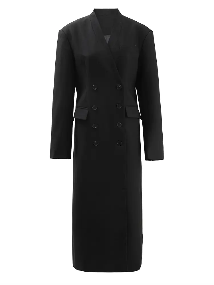 LANMREM Long Black Blazer For Women V-neck Double Breasted Gathered Waist Fashion Jacket Office Lady 2025 Spring New CPDB153