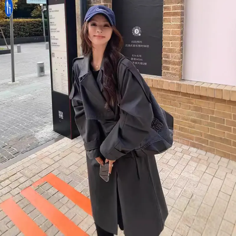 LANMREM Dark Grey Women's Trench Jackets 2025 Autumn New Korean Style Elegant Single-Breasted Simple Loose Long Coat 2DB3654