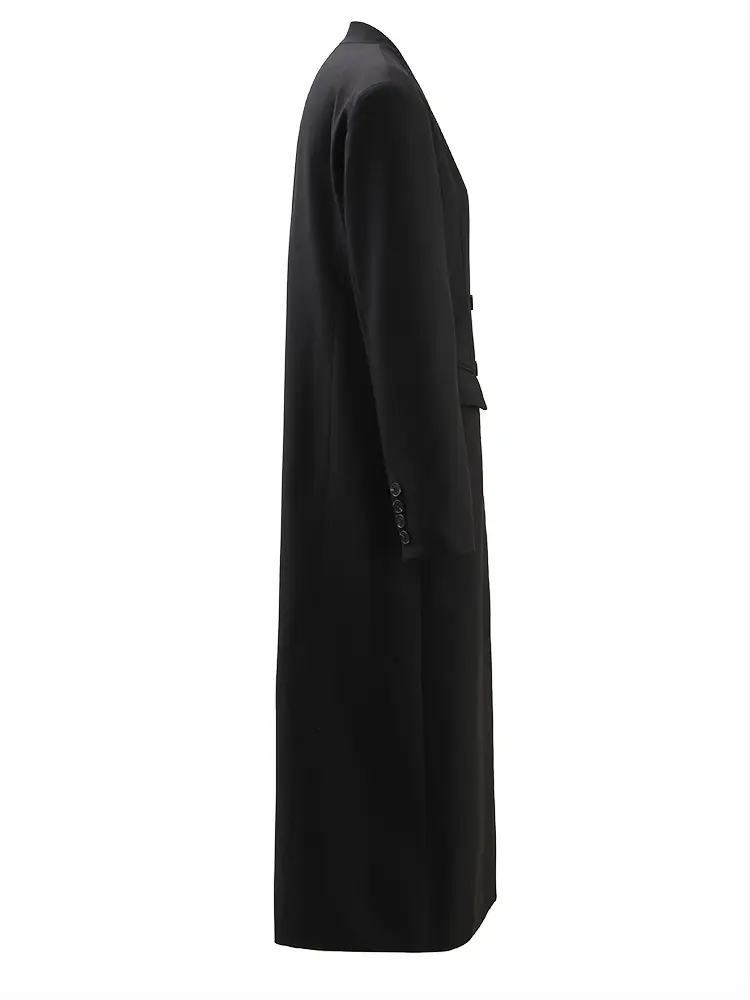 LANMREM Long Black Blazer For Women V-neck Double Breasted Gathered Waist Fashion Jacket Office Lady 2025 Spring New CPDB153