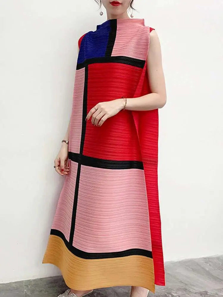 LANMREM Color Block Patchwork Pleated Dresses Famale 2025 Summer Loose Sleeveless Stand Collar Long Dress Women YJ237