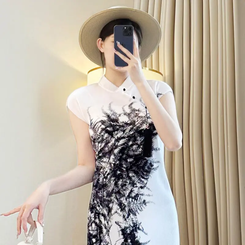 LANMREM Chinese Style Pleated Women's White Cheongsam Short Sleeve Short Sleeve Elastic Slim Temperament Printting Dress 2DB3935