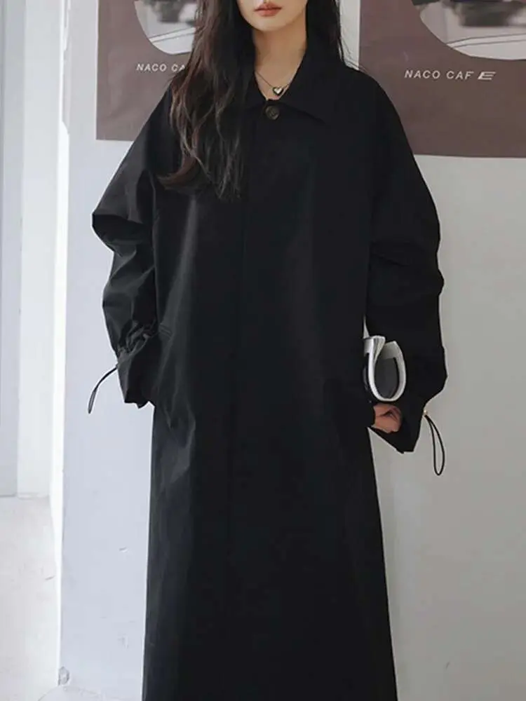 LANMREM Black Trench Coat For Women Long Sleeves Drawstring Loose Size Office Lady Fashion Streetwear Windbreaker Autumn 2DA8100