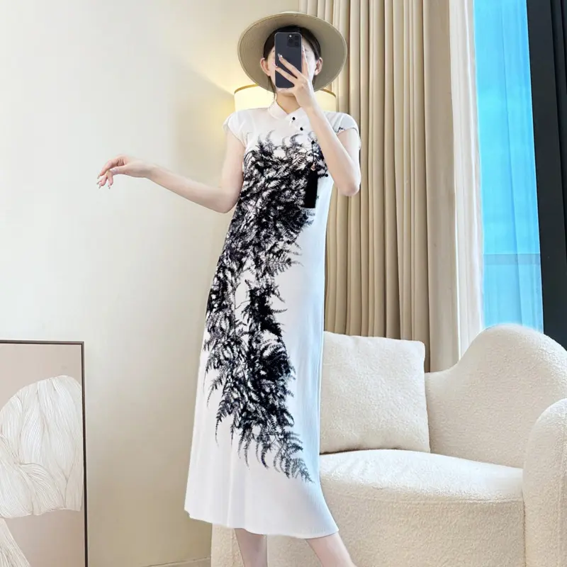 LANMREM Chinese Style Pleated Women's White Cheongsam Short Sleeve Short Sleeve Elastic Slim Temperament Printting Dress 2DB3935