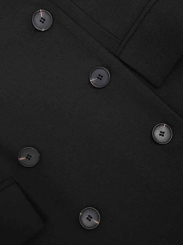 LANMREM Long Black Blazer For Women V-neck Double Breasted Gathered Waist Fashion Jacket Office Lady 2025 Spring New CPDB153