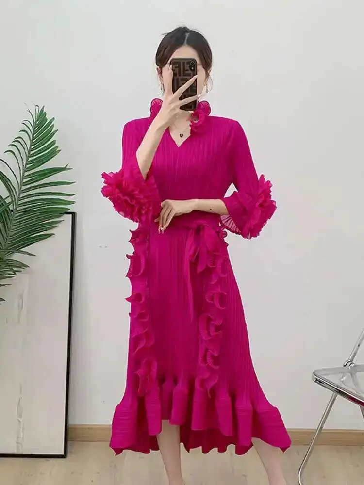 LANMREM Ruffled Patchwork Design Sweet Pleated Dress For Women Bandage Waist Mini Dresses Female Fashion 2025 Clothing 2DE198