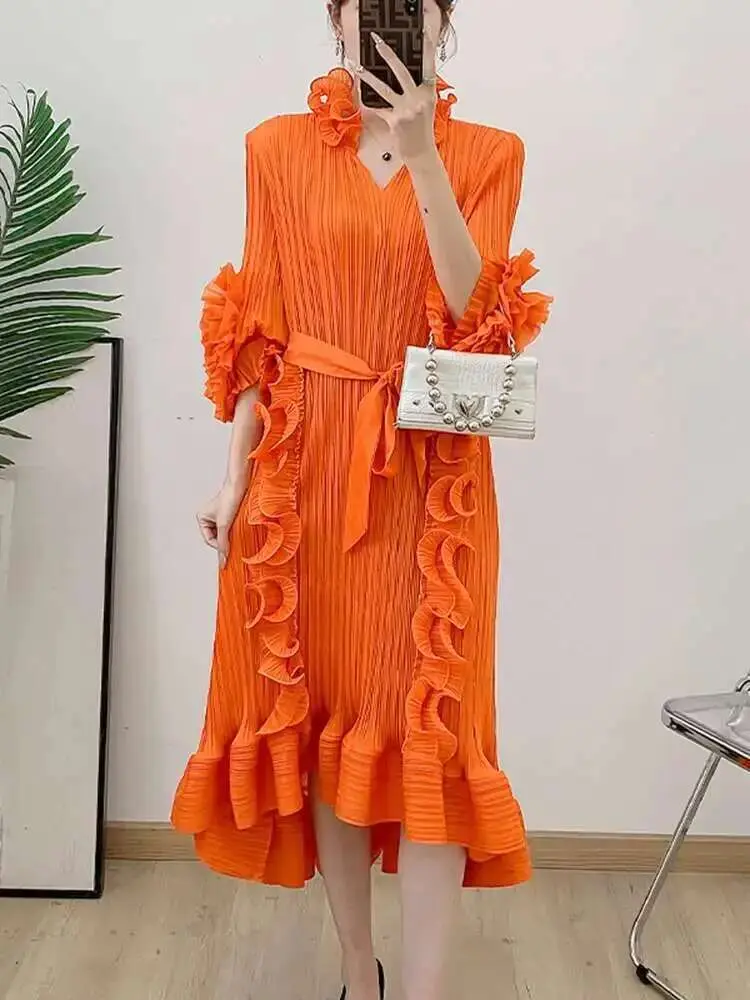 LANMREM Ruffled Patchwork Design Sweet Pleated Dress For Women Bandage Waist Mini Dresses Female Fashion 2025 Clothing 2DE198