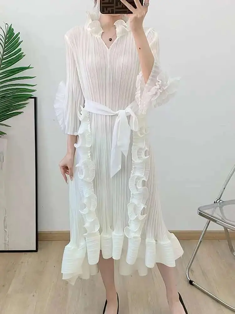 LANMREM Ruffled Patchwork Design Sweet Pleated Dress For Women Bandage Waist Mini Dresses Female Fashion 2025 Clothing 2DE198