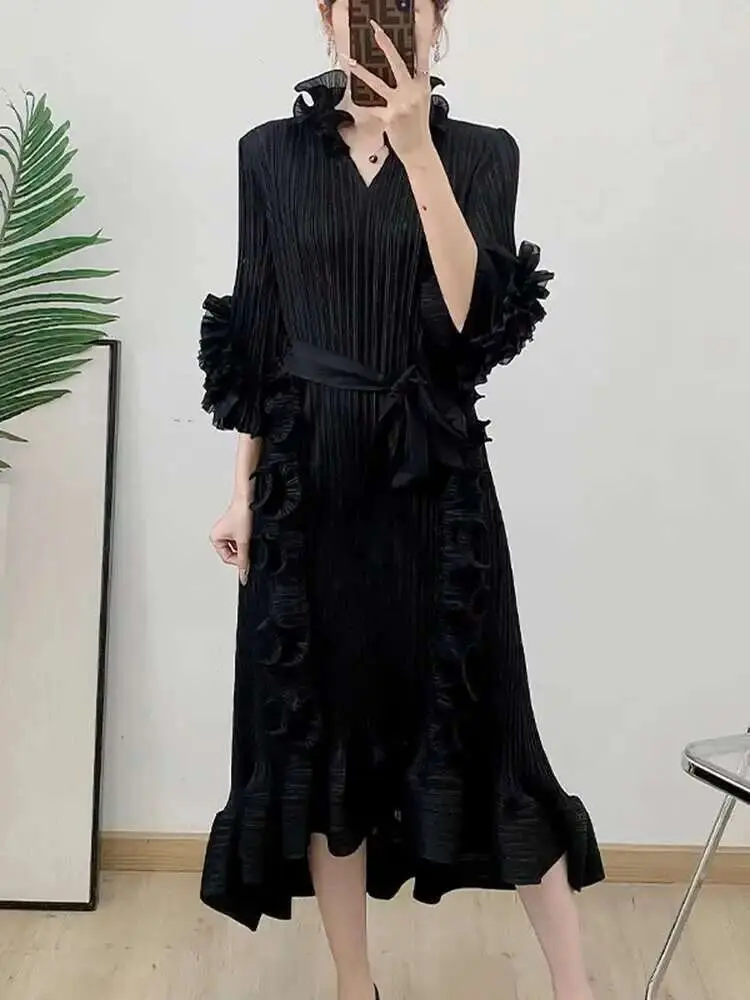 LANMREM Ruffled Patchwork Design Sweet Pleated Dress For Women Bandage Waist Mini Dresses Female Fashion 2025 Clothing 2DE198