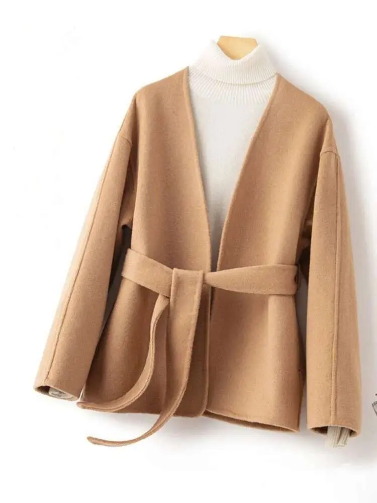 LANMREM Korean Style Double-sided Wool Coat Women's Short V-neck Small High-end Handmade Woolen Belt Coats Autumn Winter 2R3740
