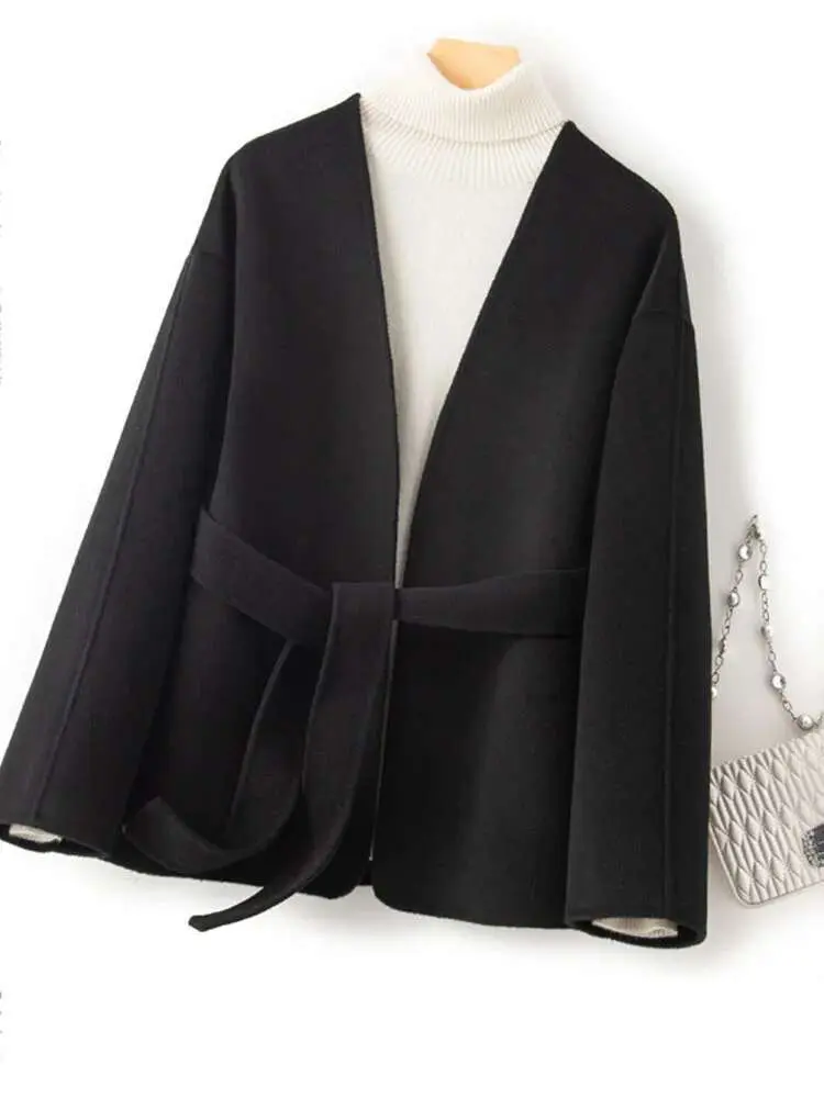 LANMREM Korean Style Double-sided Wool Coat Women's Short V-neck Small High-end Handmade Woolen Belt Coats Autumn Winter 2R3740