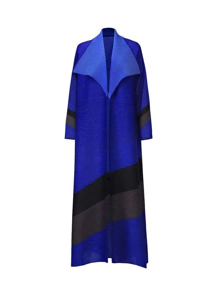 LANMREM Women Robe Large Print Striped Contrast Coor Big Lapel Belt Gathered Waist Windbreaker Coat 2025 Spring New 2DB1081