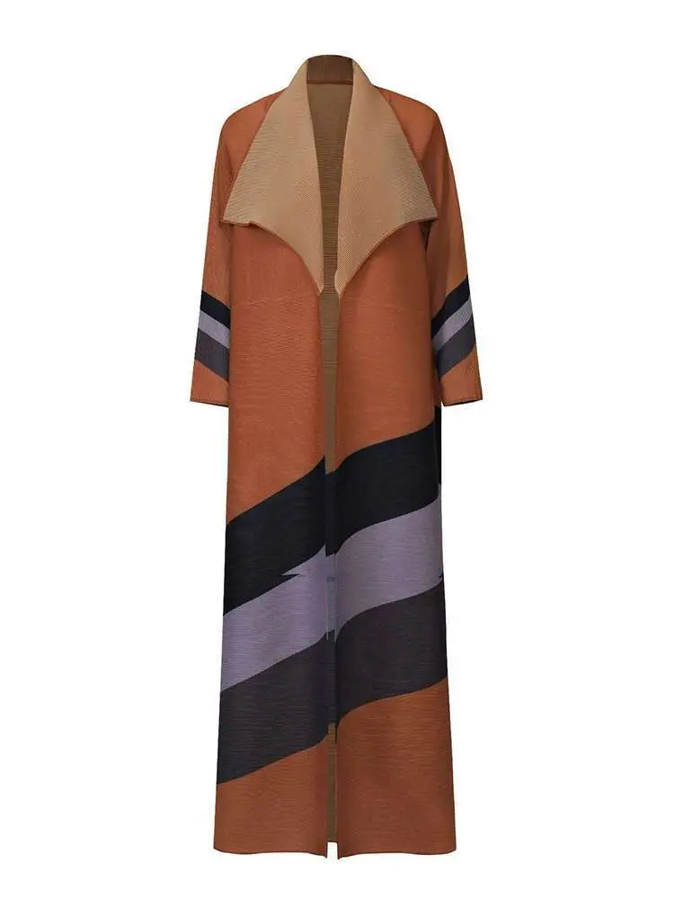 LANMREM Women Robe Large Print Striped Contrast Coor Big Lapel Belt Gathered Waist Windbreaker Coat 2025 Spring New 2DB1081