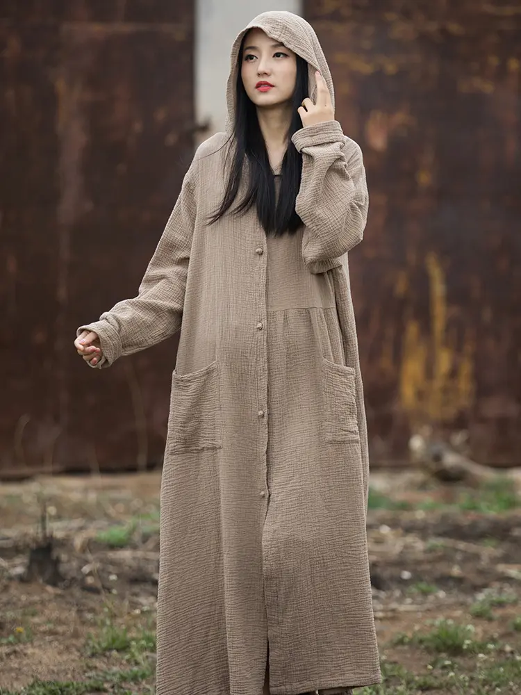 LANMREM Casual Trench For Women Hooded Single Breasted Solid Color Pockets Design Cotton Linen Windbreaker Autumn New 2Z2141