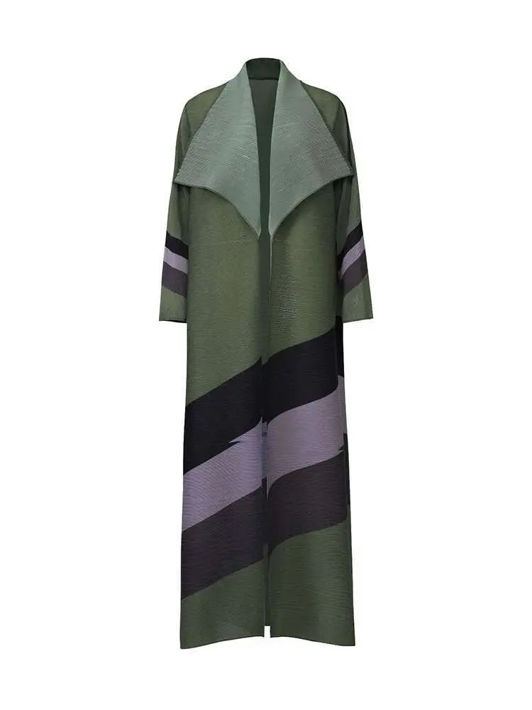 LANMREM Women Robe Large Print Striped Contrast Coor Big Lapel Belt Gathered Waist Windbreaker Coat 2025 Spring New 2DB1081