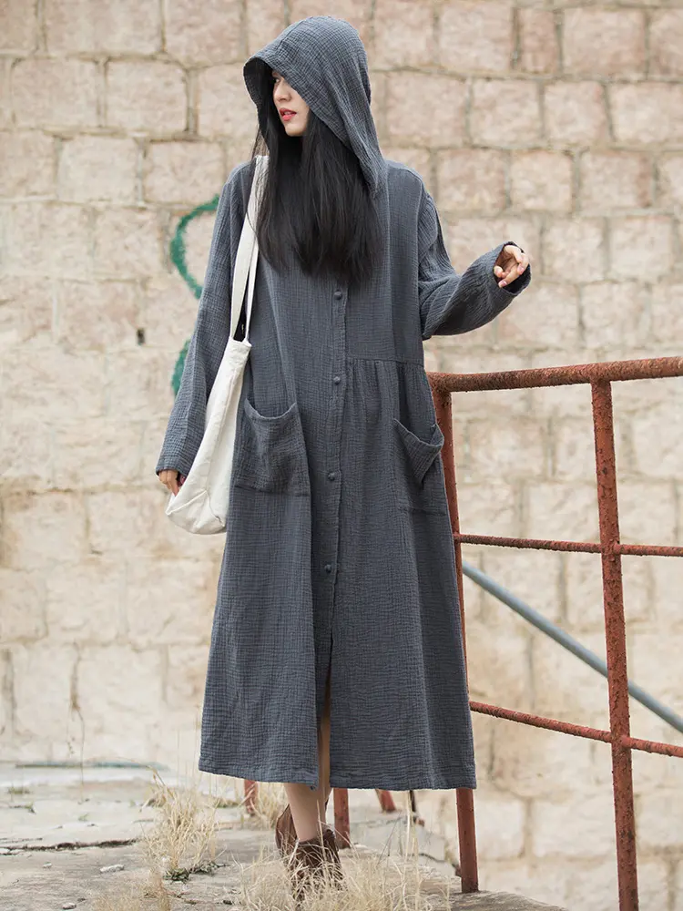 LANMREM Casual Trench For Women Hooded Single Breasted Solid Color Pockets Design Cotton Linen Windbreaker Autumn New 2Z2141