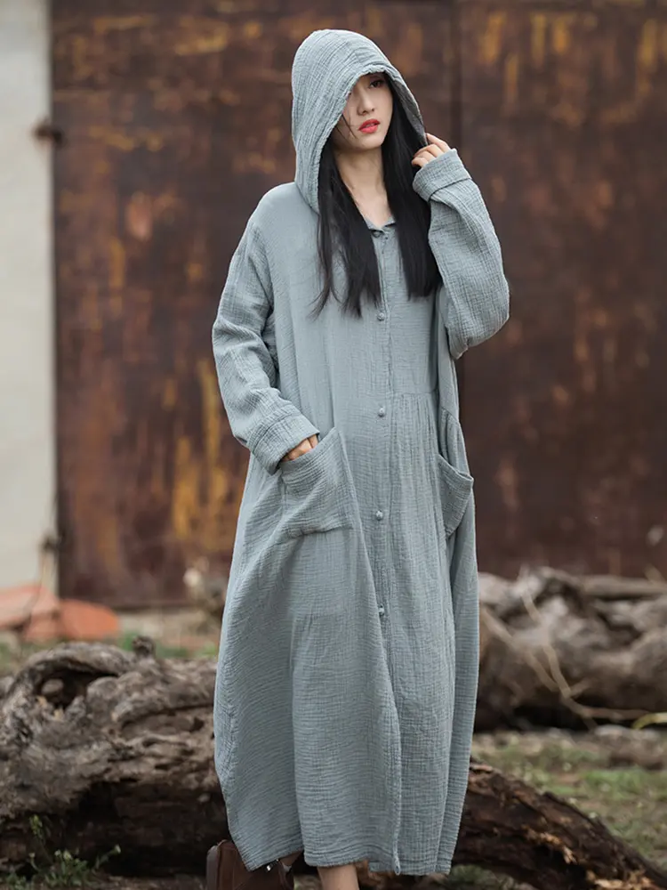 LANMREM Casual Trench For Women Hooded Single Breasted Solid Color Pockets Design Cotton Linen Windbreaker Autumn New 2Z2141