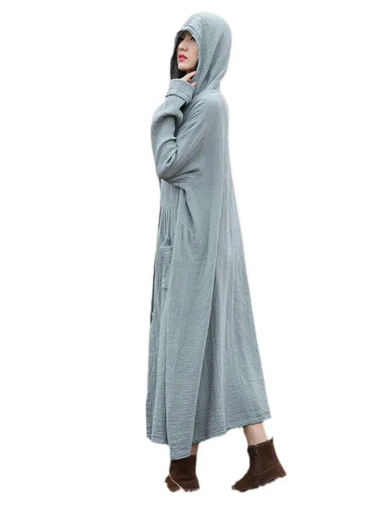 LANMREM Casual Trench For Women Hooded Single Breasted Solid Color Pockets Design Cotton Linen Windbreaker Autumn New 2Z2141