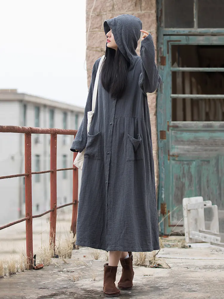 LANMREM Casual Trench For Women Hooded Single Breasted Solid Color Pockets Design Cotton Linen Windbreaker Autumn New 2Z2141