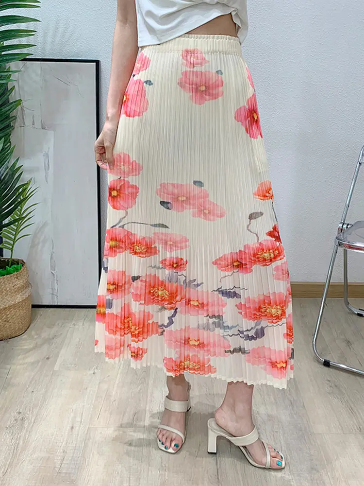 LANMREM Pleated Printed Women's Mid Length Skirt Loose Causal Summer Elastic High Waist Deisng Apricot Straight Skirts 2DB2956
