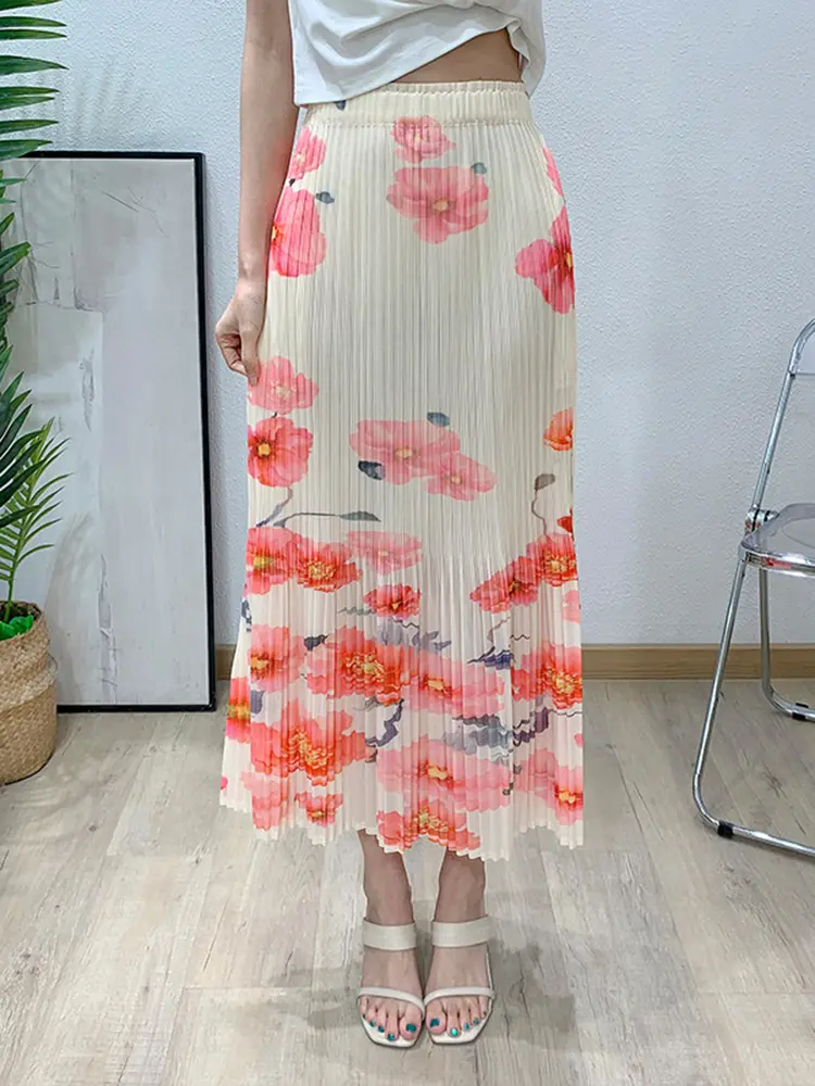LANMREM Pleated Printed Women's Mid Length Skirt Loose Causal Summer Elastic High Waist Deisng Apricot Straight Skirts 2DB2956