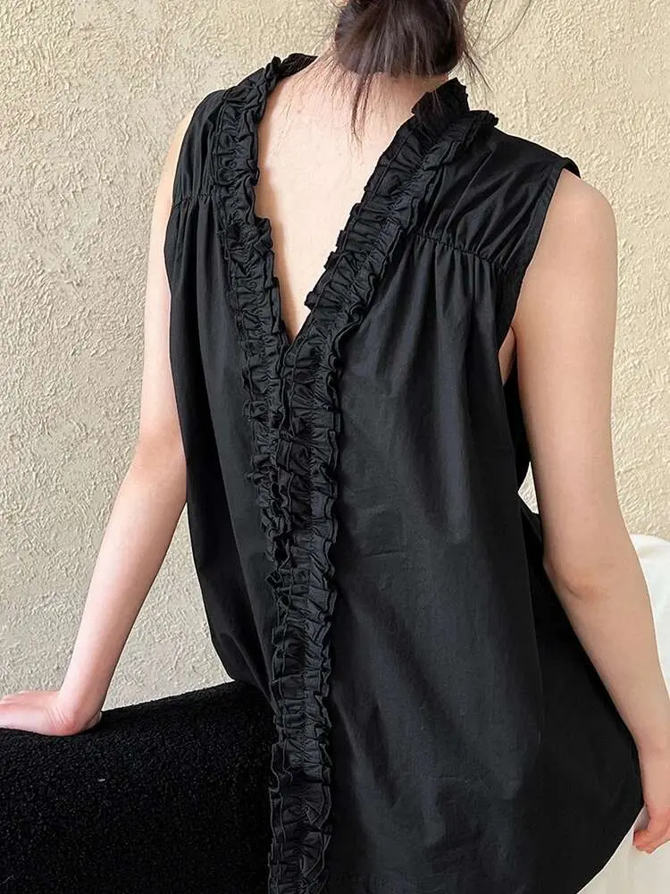 LANMREM French Niche Design Stringy Selvedge Seam V Collar Sleeveless Shirt For Women 2025 New Reversible Bolouse Tops 2DB2549