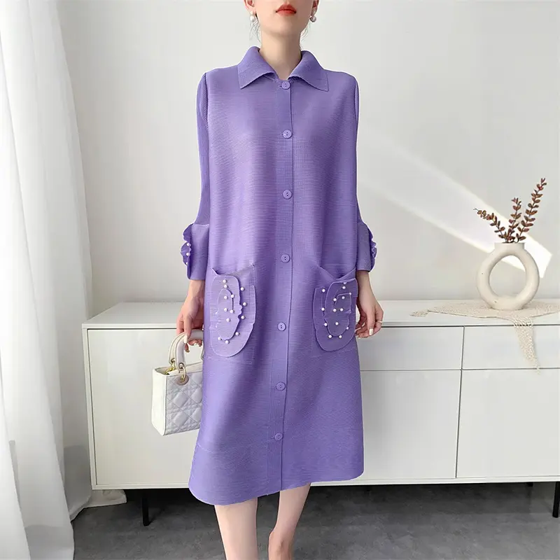 LANMREM Grey Beading Double Pockets Design Women's Pleated Dress Elastic Loose Single Breasted Cardigan Dresses Chic New 2DB3687