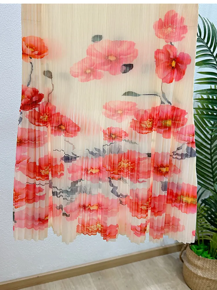 LANMREM Pleated Printed Women's Mid Length Skirt Loose Causal Summer Elastic High Waist Deisng Apricot Straight Skirts 2DB2956