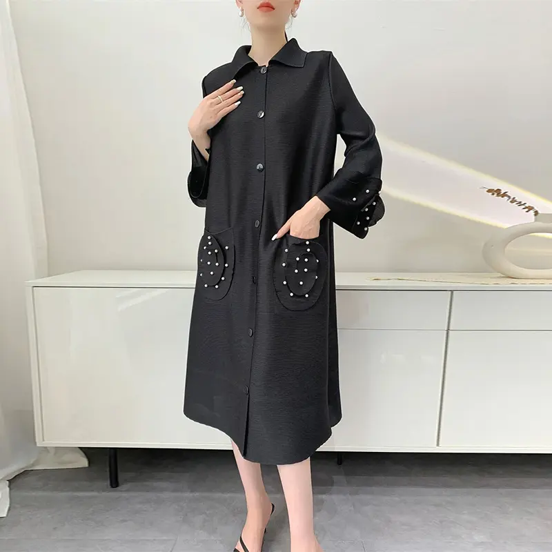 LANMREM Grey Beading Double Pockets Design Women's Pleated Dress Elastic Loose Single Breasted Cardigan Dresses Chic New 2DB3687