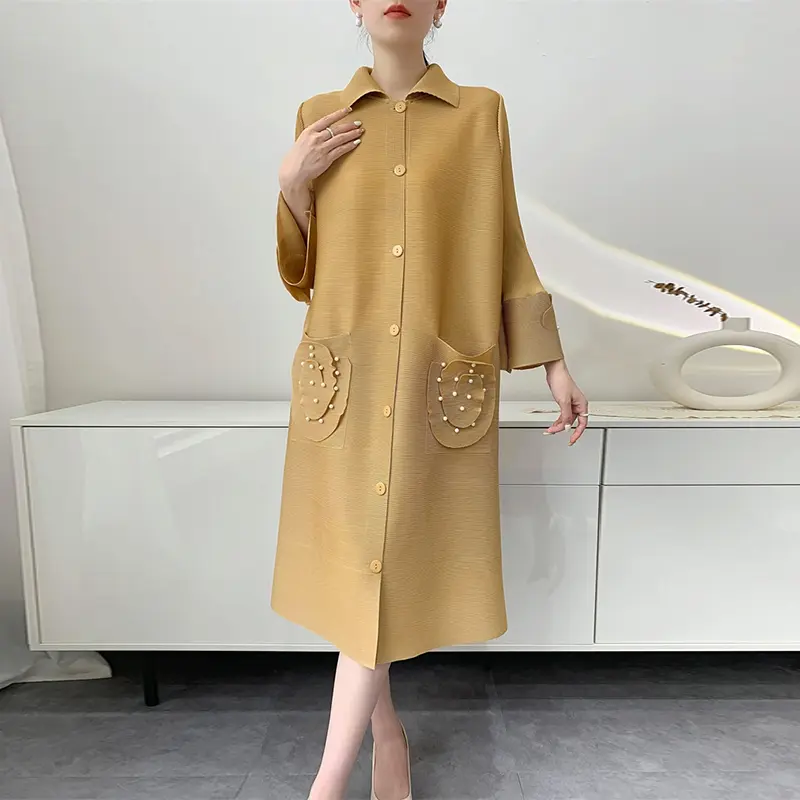 LANMREM Grey Beading Double Pockets Design Women's Pleated Dress Elastic Loose Single Breasted Cardigan Dresses Chic New 2DB3687