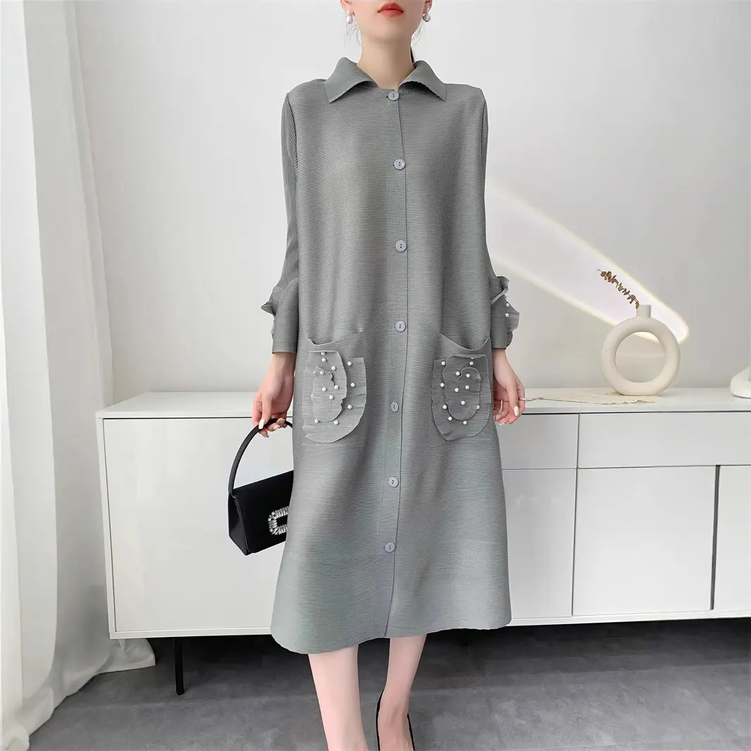 LANMREM Grey Beading Double Pockets Design Women's Pleated Dress Elastic Loose Single Breasted Cardigan Dresses Chic New 2DB3687