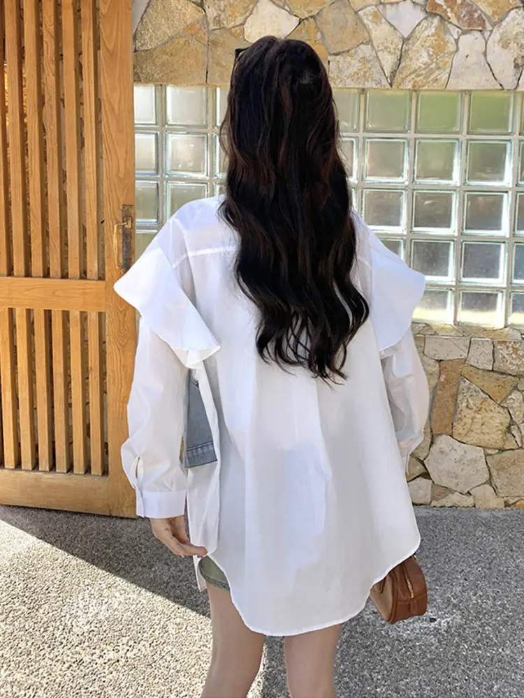LANMREM Oversized Korean Design With Denim Patchwork White Shirt Women's Spring Autumn 2025 New Chic Loose Blouse Top 2DB2717