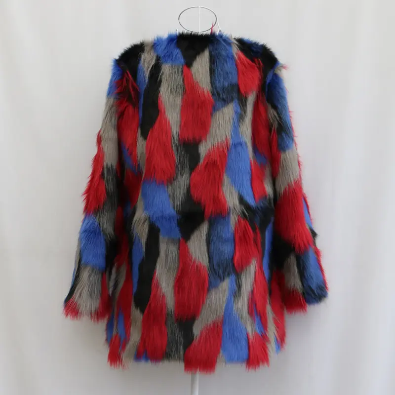 LANMREM Autumn Witner Chic New Colorblock Spliced Women's Faux Fur Coat O-neck Mid-Length Coat Big Size Thick Jacket 2DB3883