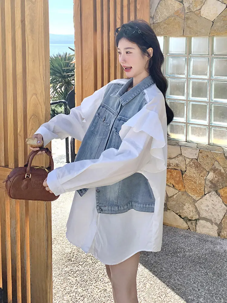 LANMREM Oversized Korean Design With Denim Patchwork White Shirt Women's Spring Autumn 2025 New Chic Loose Blouse Top 2DB2717