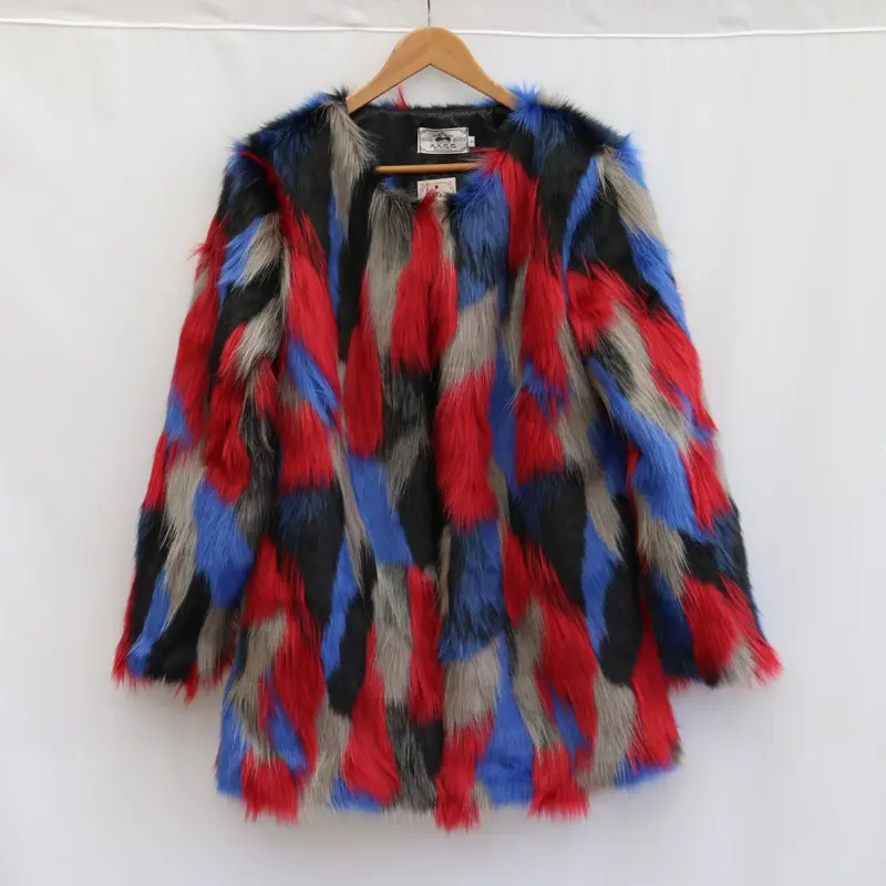 LANMREM Autumn Witner Chic New Colorblock Spliced Women's Faux Fur Coat O-neck Mid-Length Coat Big Size Thick Jacket 2DB3883