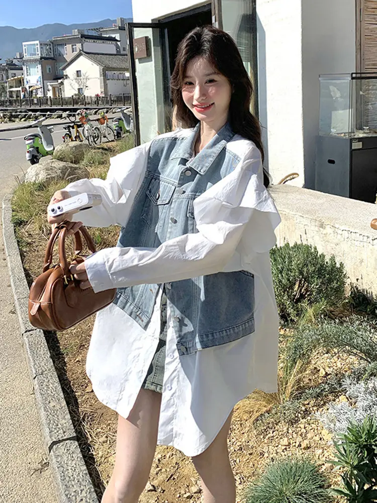 LANMREM Oversized Korean Design With Denim Patchwork White Shirt Women's Spring Autumn 2025 New Chic Loose Blouse Top 2DB2717