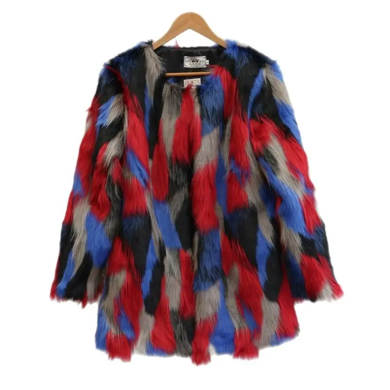 LANMREM Autumn Witner Chic New Colorblock Spliced Women's Faux Fur Coat O-neck Mid-Length Coat Big Size Thick Jacket 2DB3883