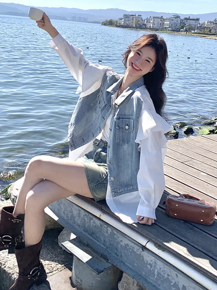 LANMREM Oversized Korean Design With Denim Patchwork White Shirt Women's Spring Autumn 2025 New Chic Loose Blouse Top 2DB2717