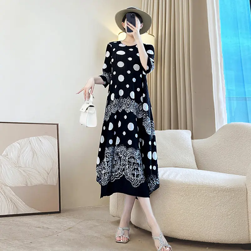LANMREM Black White Colorblock Printting Women's Pleated Dress Elastic Loose Casual O-neck Three Quarter Sleeve Clothing 2DB3924