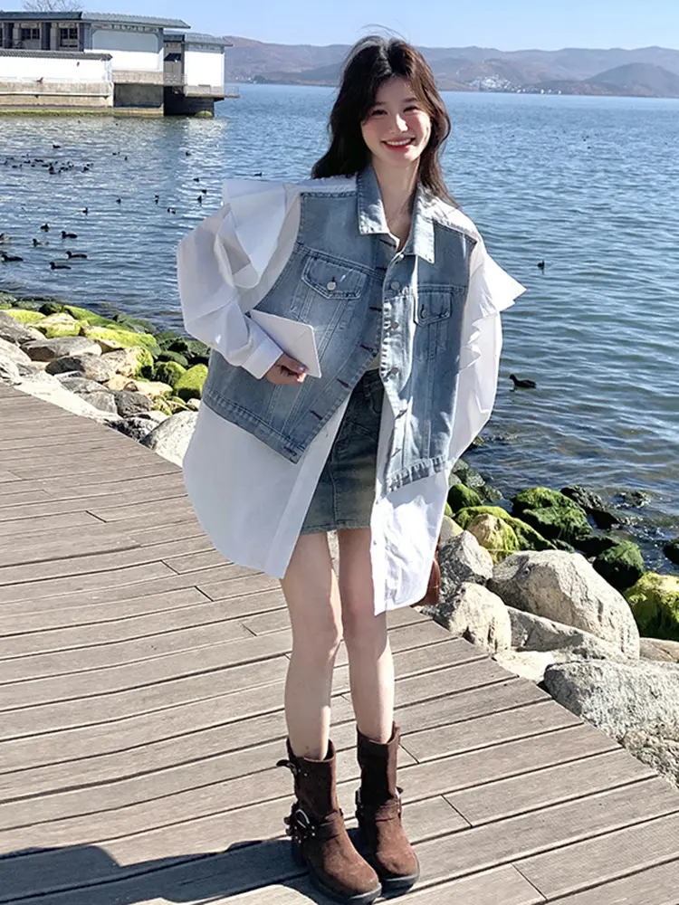 LANMREM Oversized Korean Design With Denim Patchwork White Shirt Women's Spring Autumn 2025 New Chic Loose Blouse Top 2DB2717