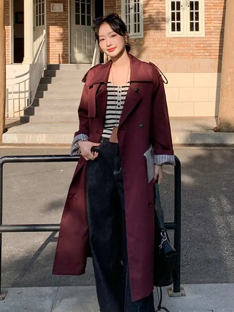 LANMREM Office Lady Lace-up Trench Coat Striped Lined Lapel Long Coats 2025 Spring New Fashion Tide Women's Windbreaker 2DE119