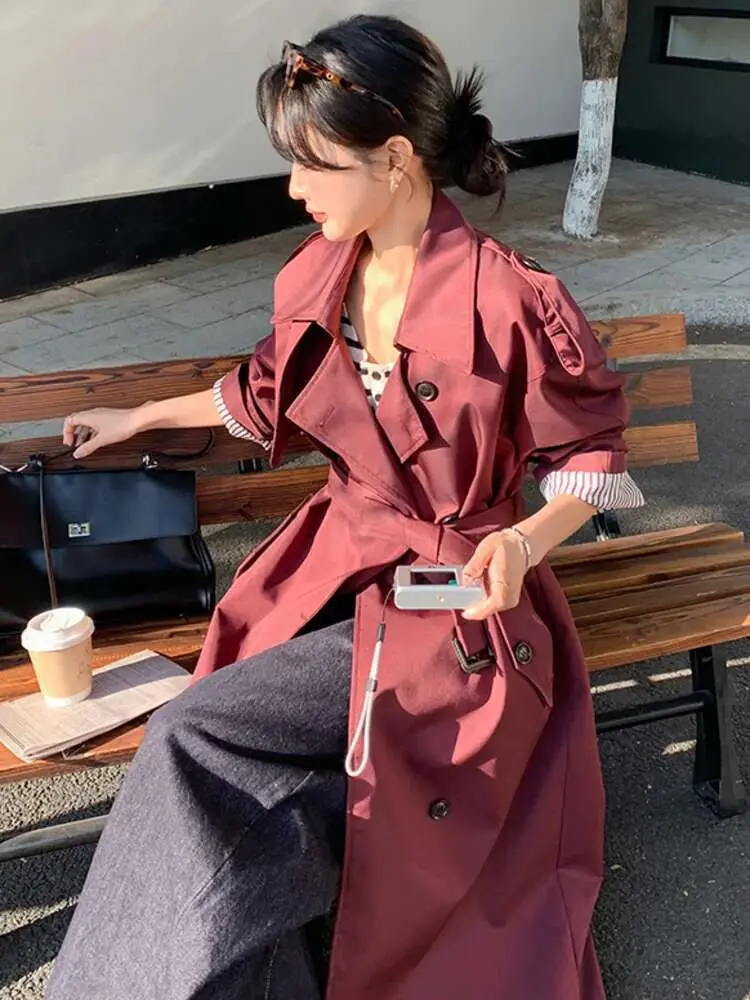 LANMREM Office Lady Lace-up Trench Coat Striped Lined Lapel Long Coats 2025 Spring New Fashion Tide Women's Windbreaker 2DE119