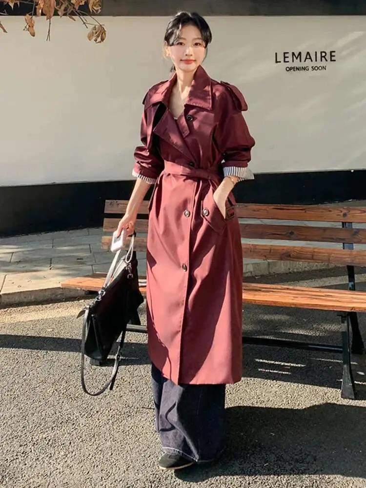 LANMREM Office Lady Lace-up Trench Coat Striped Lined Lapel Long Coats 2025 Spring New Fashion Tide Women's Windbreaker 2DE119