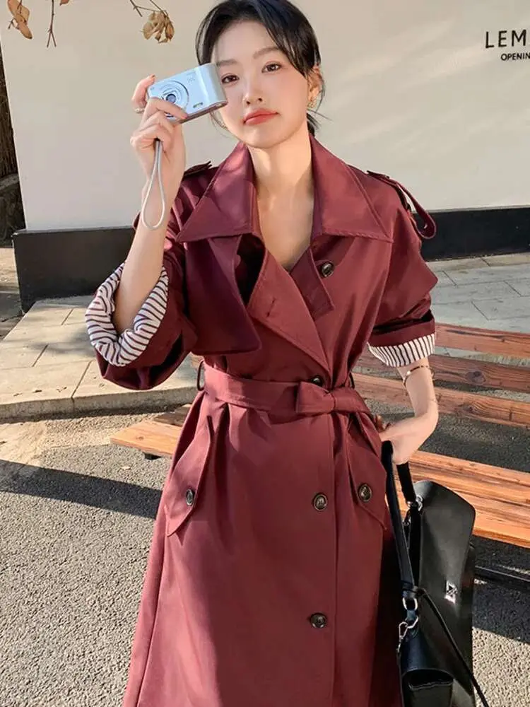 LANMREM Office Lady Lace-up Trench Coat Striped Lined Lapel Long Coats 2025 Spring New Fashion Tide Women's Windbreaker 2DE119