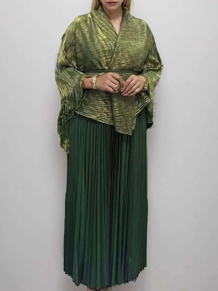 LANMREM 2 Pieces Set Women V Neck Full Sleeves Bandage Coat + Elastic Waist A Line Skirt Lady Fashion Pleated Clothes 2DC1483